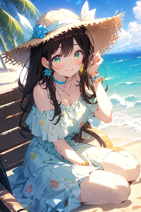 (masterpiece:1.2), best quality,cozy anime,
1girl, solo, hat, green eyes, outdoors, long hair, dress, jewelry, flower, sitting, smile, hat flower, looking at viewer, straw hat, bracelet, blush, day, earrings, beach, ocean, choker, floral print, bangs, very...