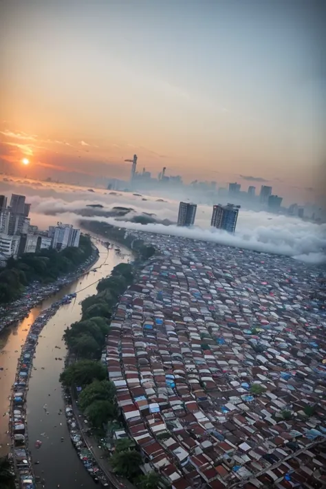 from above, slumparea full of trash at jakarta, trash can, garbage, trash, plastic bag, dirty, slum city, poverty, dim light, epic, cityscape, dawn, clear sky, tree, railroad, cable, dramatic, river, fog, smoke, <lora:ARWSlumpArea:1>