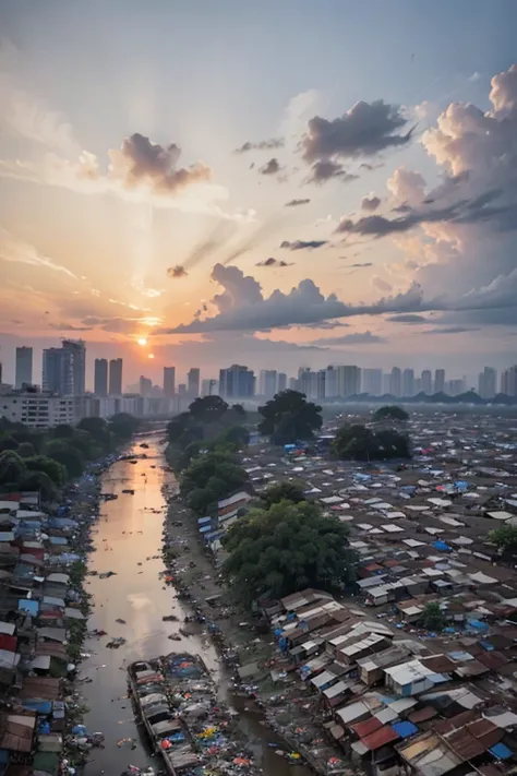 aerial view, slumparea full of trash at jakarta, trash can, garbage, trash, plastic bag, dirty, slum city, poverty, dim light, epic, cityscape, dawn, clear sky, tree, railroad, cable, dramatic, river, <lora:ARWSlumpArea:1>