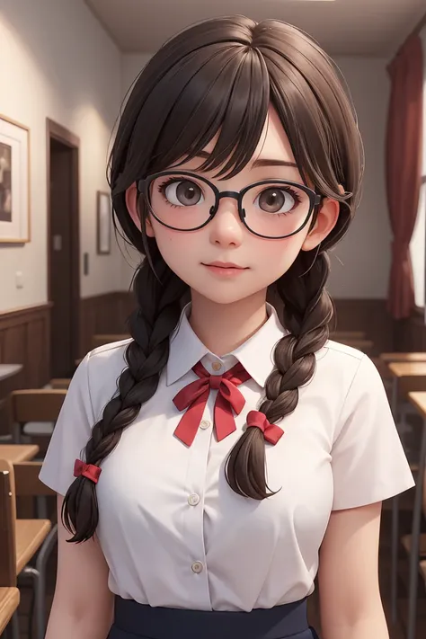 (masterpiece), best quality, high resolution, highly detailed, detailed background, perfect lighting, The student council girl with twin braids and glasses whom you dont know that shes a pervert until looking prompts
