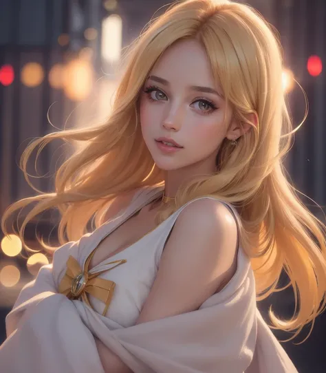 sailor moon,(8k, best quality, masterpiece:1.2),(best quality:1.0), (ultra highres:1.0), a beautiful woman, shoulder, half body portrait, extremely luminous bright design, autumn lights, 1girl, european,(blonde hair), forehead, lips, long_hair, looking_at_...