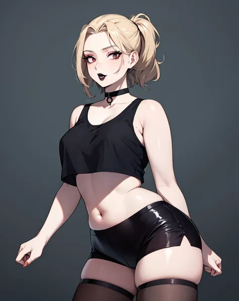 masterpiece, best quality, mature female, black lips, goth, pale skin, crop top, choker, panties,
<lora:plump-lite:1>