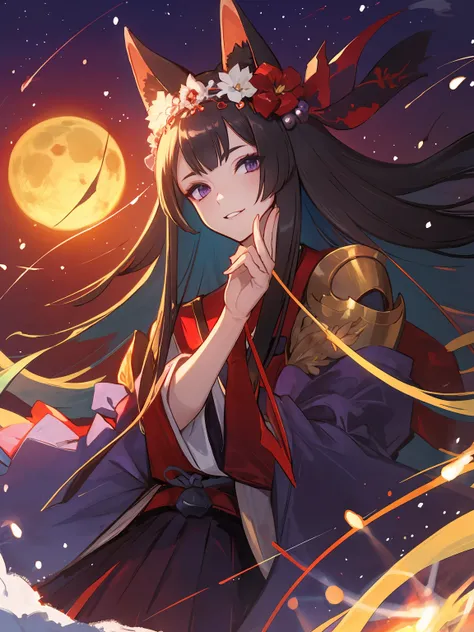 masterpiece,best quality,highres,cinematic lighting,dramatic angle,<lora:ShadowverseGinsetsuV7-000021:0.8>,1girl,animal ears,hair ornament,purple eyes,black hair,long hair,smile,parted lips,looking at viewer,japanese clothes,obi,wide sleeves,hand  on own c...