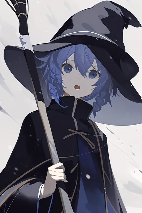 by ask, roxy migurdia, 1girl, solo, blue hair, braid, hat, long hair, holding, witch hat, twin braids, staff, blue eyes, holding staff, open mouth, hair between eyes, long sleeves, black headwear, arm up, snowing, ribbon, bangs