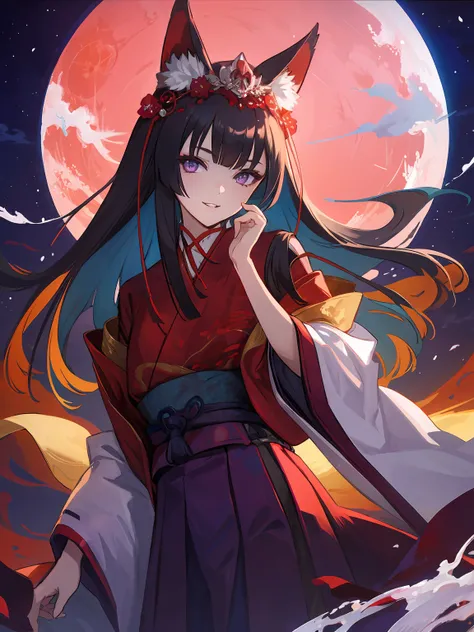 masterpiece,best quality,highres,cinematic lighting,dramatic angle,<lora:ShadowverseGinsetsuV7-000021:0.8>,1girl,animal ears,hair ornament,purple eyes,black hair,long hair,smile,parted lips,looking at viewer,japanese clothes,obi,wide sleeves,hand  on own c...