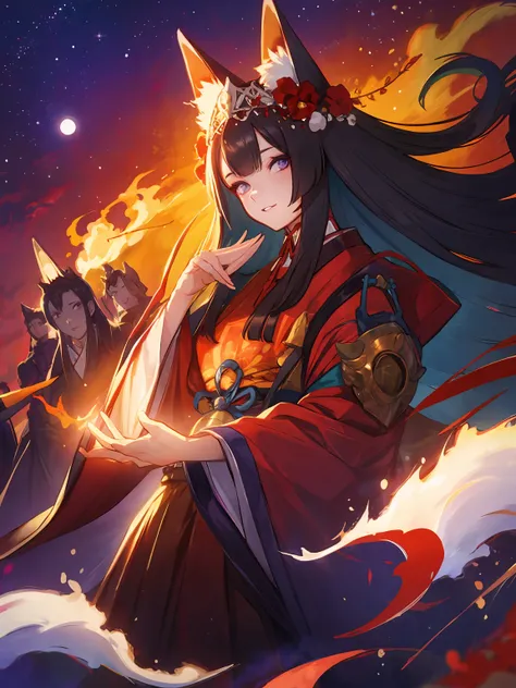 masterpiece,best quality,highres,cinematic lighting,dramatic angle,<lora:ShadowverseGinsetsuV7-000021:0.8>,1girl,animal ears,hair ornament,purple eyes,black hair,long hair,smile,parted lips,looking at viewer,japanese clothes,obi,wide sleeves,burning villag...