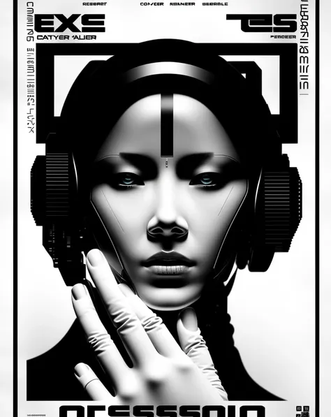 cover magazine,   a poster with a picture of a person's face and a hand ,   poster art, computer art, cyberpunk