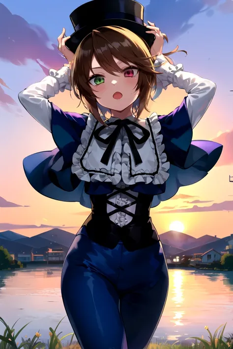 masterpiece, best quality, 1girl, <lyco:Souseiseki-000013:1.0>, souseiseki, frills, ribbon, capelet, pants, shirt, corset, hat, pantyhose, outdoors, sunset