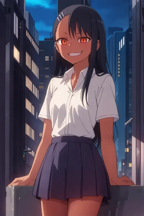 1girl, solo,sitting, cyberpunk cityscape,night city (city), stealth in the city,small breast, masterpiece, professional artwork, famous artwork, perfect face,<lora:Hayase_Nagatoro:0.7> ,nagatoro hayase, hair ornament, glowing brown eyes, hairclip,dark skin...