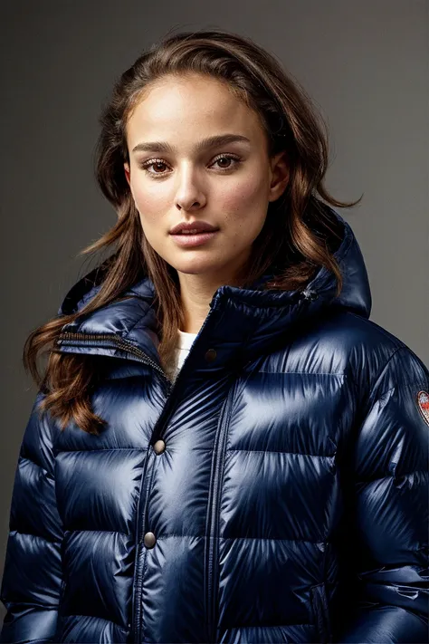 closeup portrait photo of natpor wearing a oversized puffer jacket