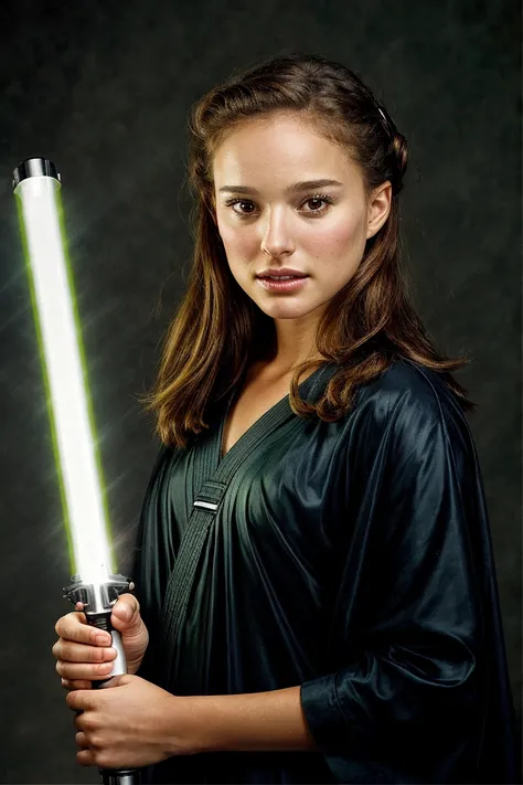 closeup portrait photo of natpor holding a light saber