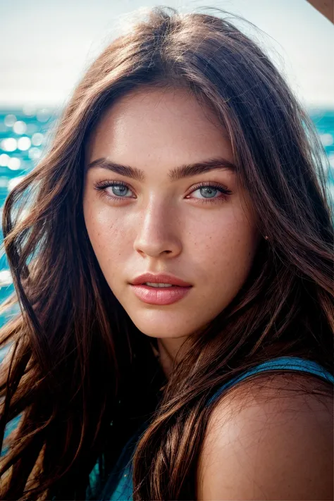 closeup portrait photo of megf, floating in a (ocean:1.2), detailed skin, shimmering water, 8k uhd, dslr, soft lighting, high quality, film grain, long hair, 4K, HDR, outdoors, sunny, portrait photo