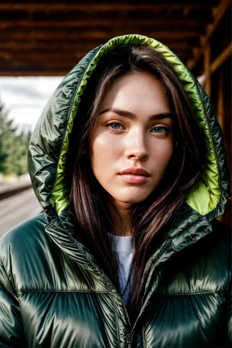 photo of megf, wearing a oversized puffer jacket, detailed skin, 8k uhd, dslr, soft lighting, high quality, film grain, long hair, 4K, HDR, outdoors, sunny, portrait photo