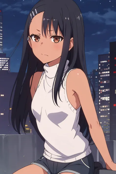 1girl, solo,sitting, cyberpunk cityscape,night city (city), stealth in the city, scar, small breast, masterpiece, turtleneck sweater, professional artwork, famous artwork, perfect face,<lora:Hayase_Nagatoro:0.7> ,nagatoro hayase, hair ornament, brown eyes,...