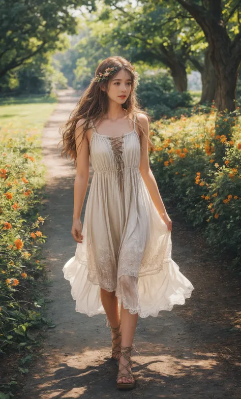 1girl,slg,path,razor cut,Warm Brown Embellished boho sundress with a lace-up front,depth of field, evening,Standing, pretending to smell a big flower<lora:slg_v11:1>,dra