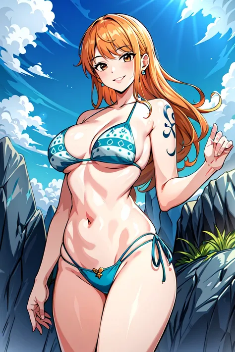 masterpiece, ((ultra detailed background, delicate pattern, intricate detail)), (highly detailed, fine details), best quality, beautiful lighting, ((medium breasts, slim girl)), NamiFinal, ((bikini, swimsuit)), simple shirt, 1girl, orange hair, solo, long ...