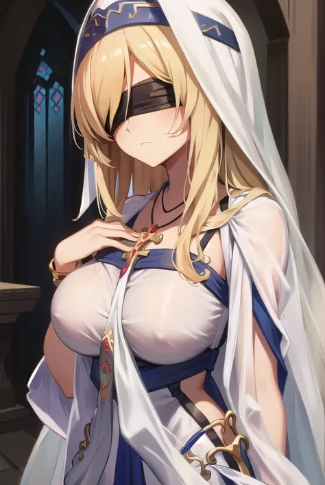 swordmaiden, <lora:swordmaidentest:1>,
sword maiden, long hair, blonde hair, blindfold, (black blindfold:1.2), (large breast:1.2),
BREAK dress, necklace, white dress, sandals, habit,,
BREAK looking at viewer,
BREAK indoors, church,
BREAK <lora:GoodHands-va...