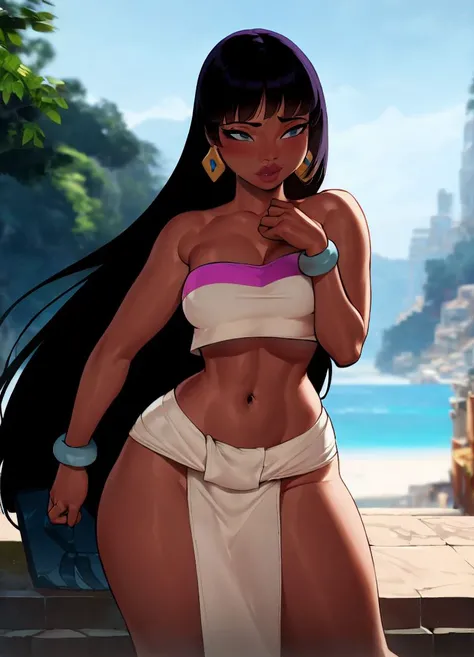 masterpiece, highres,1girl, <lora:chel_eldorado-11:1> chel_eldorado, (tube top,midriff, loincloth:1.2)
,<lora:thiccwithaQ_v2-29:1> thiccwithaq