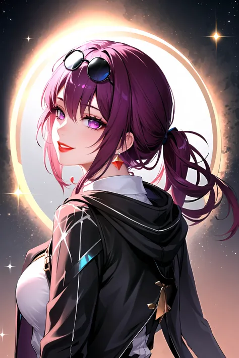 1girl, gloves, purple eyes, sunglasses, solo, purple hair, looking at viewer, smile, eyewear on head, jewelry, earrings, bangs, long sleeves, ponytail, jacket, long hair, black jacket, red lips,white shirt, looking back,star-kafka,(shiny skin),(mature fema...