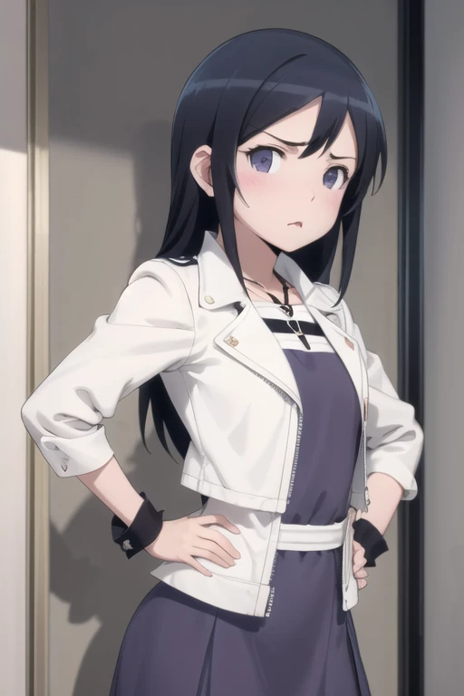 (extremely detailed CG unity 8k wallpaper), (masterpiece), (best quality), (ultra-detailed), (best illustration), (best shadow), (absurdres), 1girl, solo, <lora:ayase:0.8>, ayase aragaki, purple dress, white sleeveless jacket, pout, hands on hips, looking ...