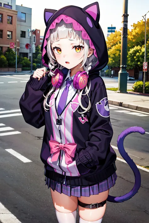 masterpiece, best quality, highres, ddshion, 1girl, long hair, braid, headphones around neck, cat tail, hood up, animal hood, hooded jacket, pink bow, purple necktie, long sleeves, sleeves past wrists, purple skirt, pleated skirt, white thighhighs, thigh s...
