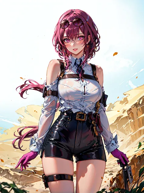 1girl, solo, eyewear on head, gloves, large breasts, looking at viewer, shirt, sunglasses, bangs, white shirt, long sleeves, pantyhose, pink hair, pink eyes, shorts, blush, thigh strap, bare shoulders, purple hair, cowboy shot, hair between eyes, collared ...