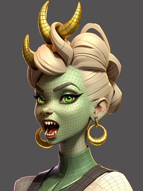 1girl, solo, earrings, jewelry, horns, open mouth, green eyes, hoop earrings, hair stick, hair bun, hair ornament, tongue, fangs...