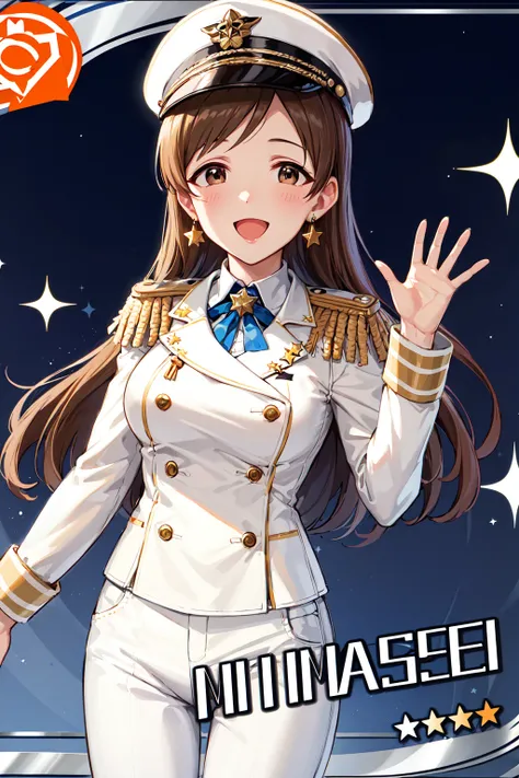 masterpiece, best quality, highres, aanitta, long hair, peaked cap, earrings, medium breasts, military uniform, epaulettes, (white shirt:1.2), white sleeves, long sleeves, white pants, idolmaster, <lora:nitta_minami_v1:0.7>, waving, smile, open mouth,  car...