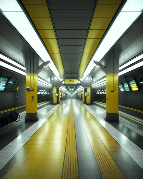 a subway station with a yellow and white line , futuristic, 8k, cinematic