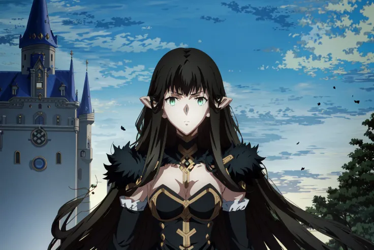 ufotable style, upper body, close-up, semiramis (fate), looking at viewer, in front of castle, from below
 <lyco:ufotable_style_lycoris_v3:1> <lora:semiramis_lora_v2:1>