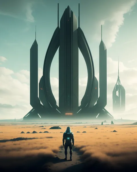 a man standing in a field with a spaceship in the background , futuristic, 8k, cinematic