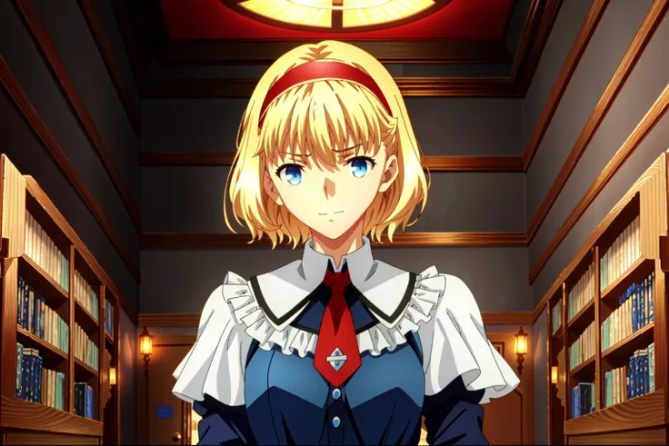 ufotable style, upper body, 1girl, alice margatroid, solo, blonde hair, hair between eyes, red hairband, blue dress, frilled dress, long sleeves, closed mouth, bangs, white capelet, red necktie, light smile, looking at viewer, indoors, library, 
 <lyco:ufo...