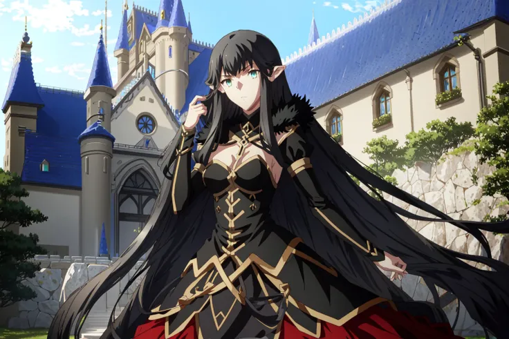 ufotable style, upper body, close-up, semiramis (fate), looking at viewer, in front of castle, from below
 <lyco:ufotable_style_lycoris_v3:0.9> <lora:semiramis_lora_v2:1>