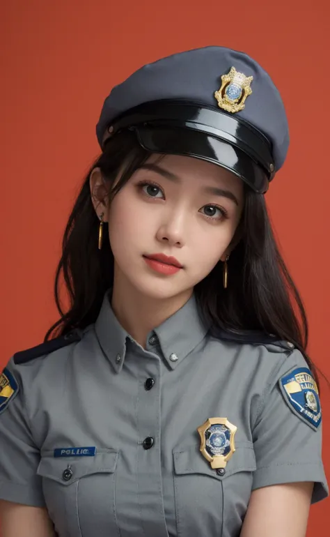 simple background,(Wearing a female police uniform and a police cap:1.4), good hand,4k, high-res, masterpiece, best quality, head:1.3,((Hasselblad photography)), finely detailed skin, sharp focus, (cinematic lighting), soft lighting, dynamic angle, [:(deta...