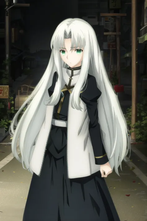 ufotable style, long hair, white hair, green eyes, 1girl, street, night, dim light
 <lyco:ufotable_style_lycoris_v3:1.0>