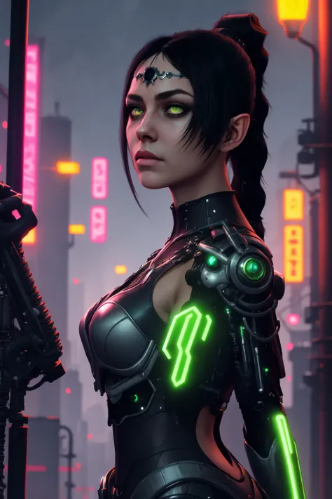 masterpiece, best quality, 1girl, shadowheart, black hair, braided ponytail, green eyes, circlet, looking at viewer, mechanical arms, cyberpunk city background, night, neon light <lora:ShadowHeart:1>