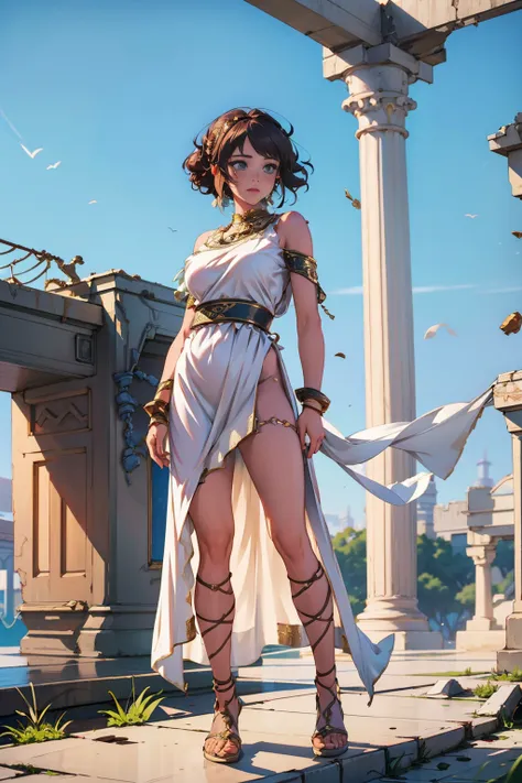 Zoya from Pakistan, (short-cut:1.2) [undercut|punk] [blue-black:.3] hair, detailed fullbody shot of a sexy 1girl, wearing a white toga, fantasy_toga, crumbled overpass, collapsed pillars, tangled debris, broken pathways, <lora:fantasy_toga:0.75>