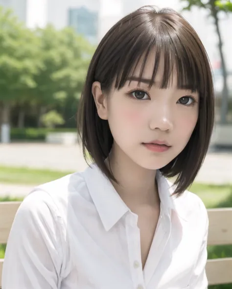 pureerosface_v1, best quality, photorealistic, 8k, high res, full color, 1girl, woman, 20 years old woman, (closed mouth:1.73), (skindentation), (dynamic pose:0.6), trees, park bench, daylight, ((park background:1.52)), full color, ((whitebuttonedshirt:1.5...