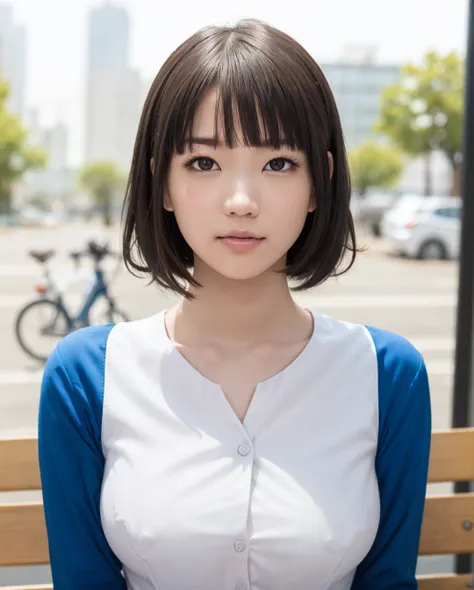 pureerosface_v1, best quality, photorealistic, 8k, high res, full color, 1girl, woman, 20 years old woman, (closed mouth:1.73), (skindentation), (portrait:0.6), trees, park bench, daylight, ((park background:1.52)), full color, ((whitecollarshirt ,buttoned...