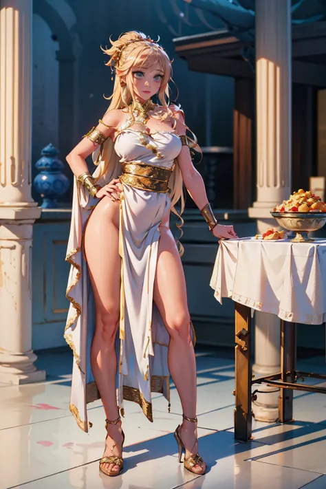 Esmeralda from Guatemala, medium (chin-length:1.2) frizzy platinum-blonde hair, detailed fullbody shot of a sexy 1girl, wearing a white toga, fantasy_toga, post-apocalyptic restaurant, rotting food, empty tables, remnants of culinary indulgence, <lora:fant...