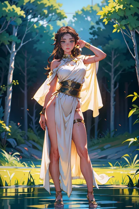 Augustyna from Poland, long (waist-length:1.2) slicked-back [nearly black:.3] hair, detailed fullbody shot of a sexy 1girl, wearing a white toga, fantasy_toga, radioactive marshland, glowing sludge, distorted flora, mutated wildlife, <lora:fantasy_toga:0.7...