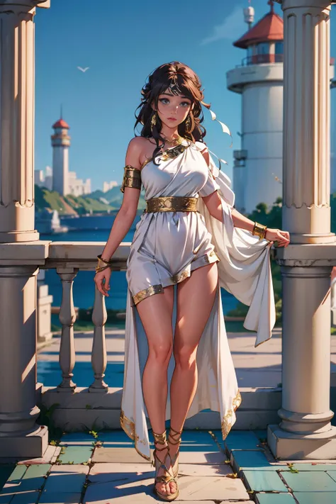Gayatri from India, medium (chin-length:1.2) combed [nearly black:.3] hair, detailed fullbody shot of a sexy 1girl, wearing a white toga, fantasy_toga, fading lighthouse, chipped paint, broken beacon, lost guidance, <lora:fantasy_toga:0.75>