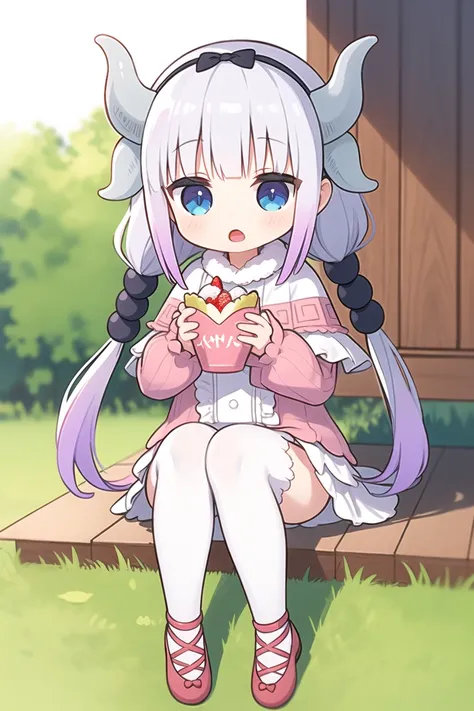 1girl,  <lora:Kanna5-15:1>, kannakamui, dress, dragon horns, hair beads, low twintails, outdoors, thighhighs, open mouth, holding parfait, sitting,