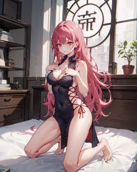 china dress, red eyes, 1girl, long hair, solo, pink hair, very long hair, barefoot, kneeling, large breasts, cleavage, hand on own chest, indoors, bedroom, pelvic curtain, full body, hand on own stomach, collarbone, bare legs,,   <lora:ChinaDressSideless:1...