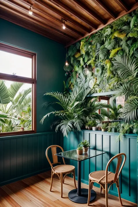 cafe interior, table and chairs, coffee cup, coffee maker,  tropical style, green ceramics, plant, flower, mirror, glass, banana...