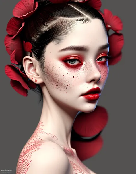 studio portrait absurdly beautiful, elegant, graceful, hypercolorful contrast black gravure woman rubies and red petals, ultrafi...