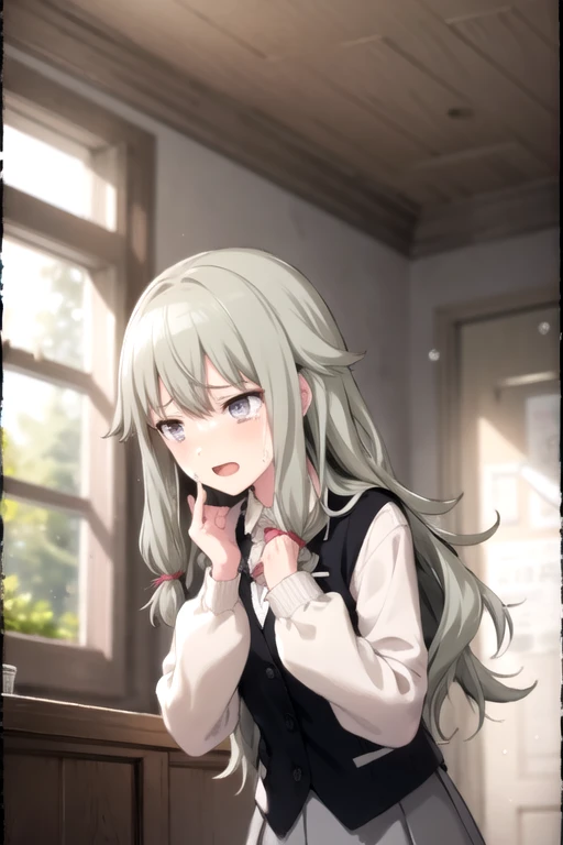 <lora:NotKyo-08:0.7> ,nene, 1girl, solo, long hair, open mouth, skirt, shirt, long sleeves, very long hair, school uniform, purple eyes, white shirt, sidelocks, green hair, collared shirt, indoors, blurry, vest, sweater, leaning forward, blurry background,...