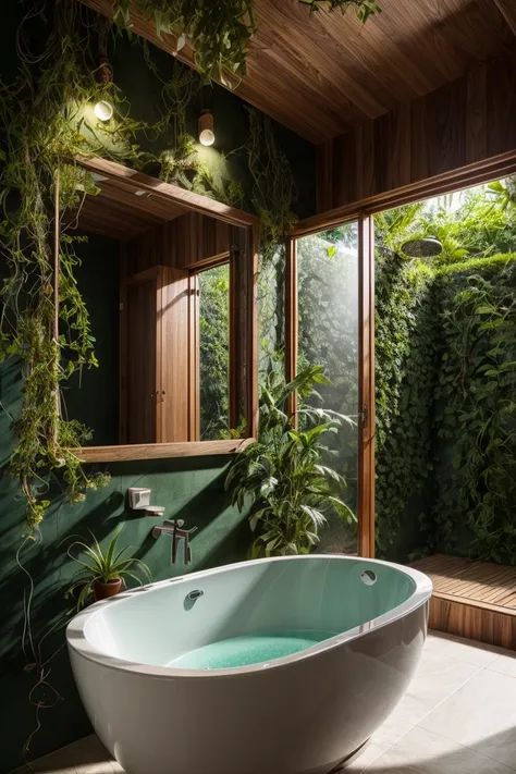 bathroom tropical style, green ceramics, plant, flower, mirror, glass, vines, lens flare, dim light, epic, bali, dramatic light,...