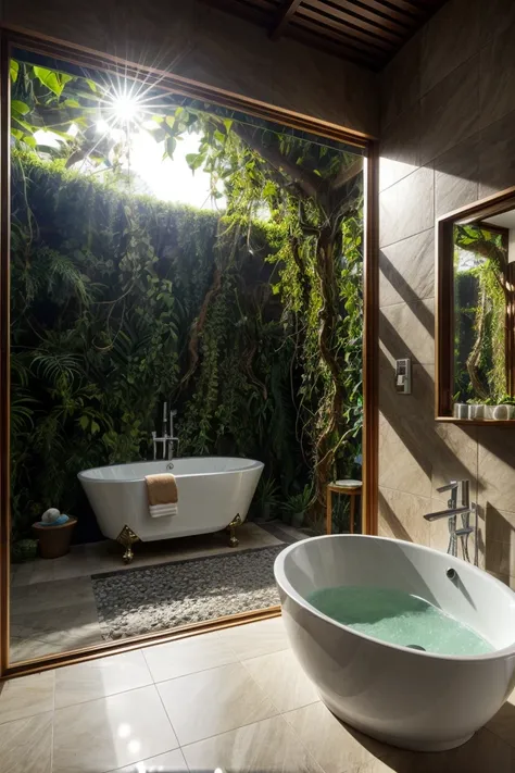 bathroom tub tropical style, plant, flower, mirror, glass, vines, lens flare, dim light, epic, bali, dramatic light, <lora:add_d...