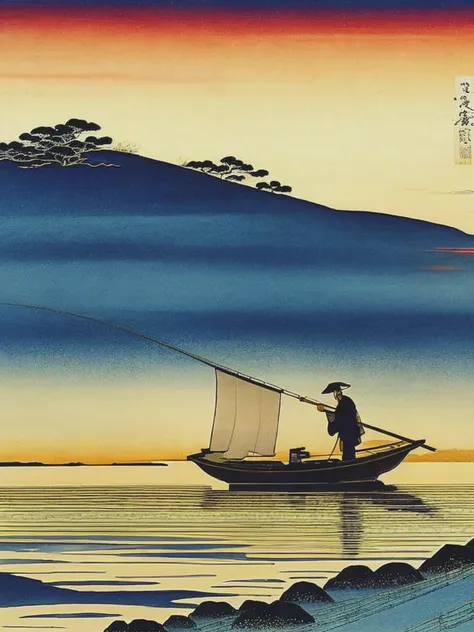 <lyco:ukiyo-eart:1.0> ukiyo-e art, a fisherman casting his net at dawn, 4k,